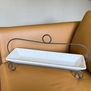 Sorrento White Ceramic Rectangular Serving Tray with Black Metal Stand